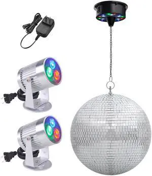 Yescom 12" Large Disco Ball with Motor and Lights 6RPM Rotator & 2PCS 3W RGB Spotlights for 70s 80s Party DJ Bands Studio Event
