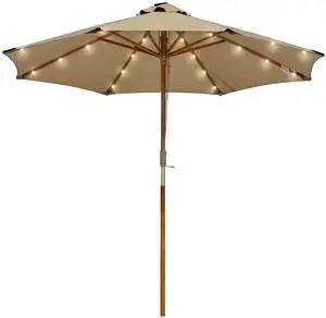 LAGarden Boho 32 LED 9Ft Wood Market Patio Umbrella with Solar Lights for Bar Hotel Resort Alfresco Dining Rooftop Restauran Mocha