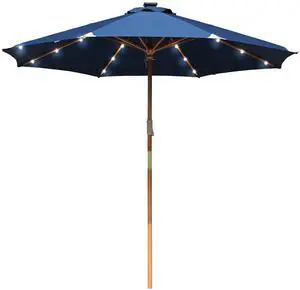 LAGarden Boho 32 LED 9Ft Wood Market Patio Umbrella with Solar Lights for Bar Hotel Resort Alfresco Dining Rooftop Restauran Navy Blue