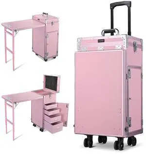 Byootique Nail Desk Mobile Station Rolling Makeup Train Case Manicure Table with Telescopic Handle, Pink