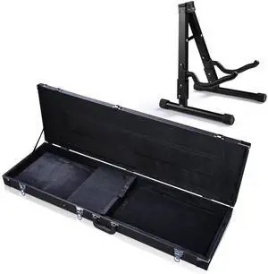 Yescom Electric Bass Guitar Hard Case Wooden Hard Shell & Folding Guitar Floor Stand