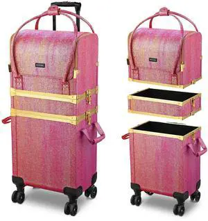 Byootique Red Gold Makeup Train Case Lockable Rolling Cosmetic Trolley Storage