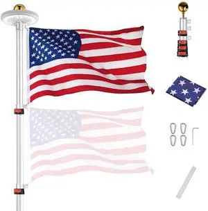 EZ GO 25 Ft Telescopic Flag Pole Kit with 26 LED Solar Light US Flag Gold Ball
