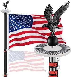 Yescom EZ GO 25ft Eagle Topper Telescopic Flag Pole Kit Solar Light Outside 3x5' US Flag Ball Top, Black