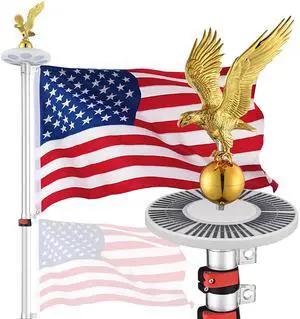 Yescom EZ GO 25ft Eagle Topper Telescopic Flag Pole Kit Solar Light Outside 3x5' US Flag Ball Top, Silver