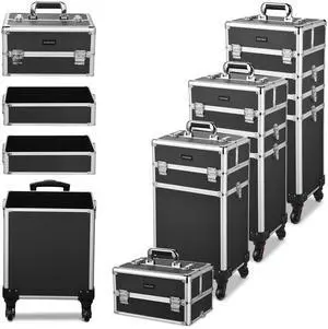 Byootique Classic Black 4in1 Rolling Makeup Train Case Makeup Artist Cosmetic Organizer
