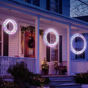 Yescom 3 Piece Pre Lit 1700 LED Lighted Christmas Wreath Decoration with Hooks for Indoor/Outdoor Festive Door Wall Decor