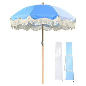 LAGarden 6Ft Fringe Wood Patio Umbrella with Tassels & Carry Bag for for Wedding Event Party Hotel Beach Pool Garden Yard Blue LAGarden 6Ft Fringe Wood Patio Umbrella with Tassels & Carry Bag for for Wedding Event Party Hotel Beach Pool Garden Yard Blue