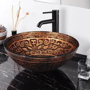 Tempered Glass Round Vessel Sink Antique Totem Pattern Above Counter Bathroom Vanity Bowl Basin