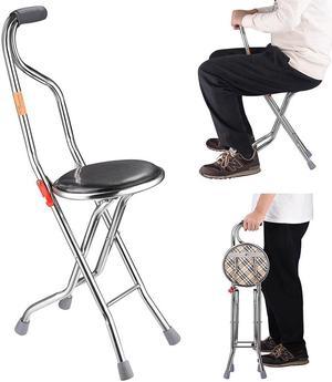 Medical Folding Walking Stick Seat Four Legged Portable Travel Hiking Cane Chair Stool