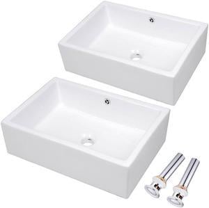 Aquaterior® 2 Pcs Rectangle Porcelain Above Counter Vessel Sink Ceramic Basin with Drain Overflow