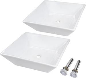 Aquaterior® 2 Pcs Square Porcelain Above Counter Sink Bathroom Ceramic Vessel Basin Pop up Drain