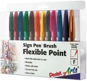 Pentel Sign Pen Brush Flexible Point Marker Pen Assorted 12/Pack SES15CPC12