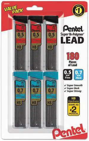 Pentel C257BPHB6 Super Hi-Polymer Lead Refills, 0.5Mm, 0.7Mm, Hb, Black, 30/Tube, 6 Tubes/Pack