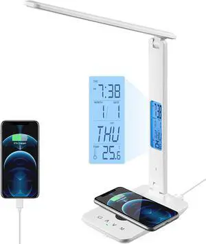 poukaran LED Desk Lamp with Wireless Charger, USB Charging Port, Office Table Lamp with Clock, Alarm, Date, Temperature for Home Office, White