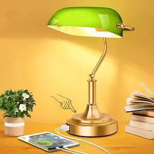 Bankers Lamp with 2 USB Ports, Touch Control Green Glass Desk Lamp with Brass Base, 3-Way Dimmable Vintage Desk Lamp for Home Office Workplace Nightstand Bedroom Library Piano, LED Bulb Included