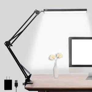 LED Desk Lamp, Adjustable Swing Arm Lamp with Clamp, Eye-Caring Reading Light, 10 Brightness Levels, 3 Lighting Modes, Memory Function Lamps for Home Office Adapter (Black)