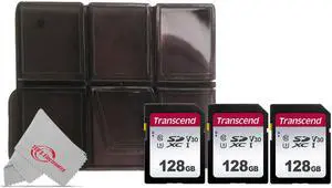 Three Pack Transcend SDXC 128GB UHS -I U3 300s V30 Class 10 with Memory Card Holder