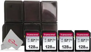 Four Pack Transcend SDXC 128GB UHS -I U3 300s V30 Class 10 with Memory Card Holder