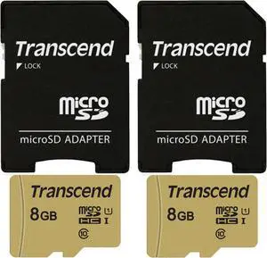 2 Packs Transcend 8GB UHS-1 Class 10 micro SD 500S Read up to 95MB/s Built with MLC Flash Memory Card with SD Adapter