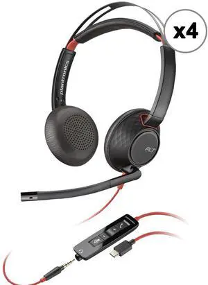 4x Poly Blackwire 5220 Stereo Wired Headset  Dual Ear USB-A/USB-C & 3.5mm with Noise-Canceling Boom Mic and Carrying Case
