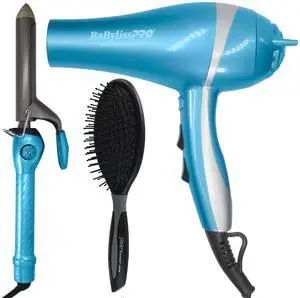 BaByliss Pro LIMITED EDITION Professional Lightweight Ionic Dryer & 1" Spring Curling Iron Combo BNTPP68 with Conair Pro Ergo-Grip Detangler Brush