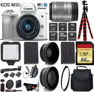 Canon EOS M50 Mirrorless Digital Camera (White) with 15-45mm Lens + LED + UV FLD CPL Filter Kit + Wide Angle & Telephoto Lens + Camera Case + Tripod + Card Reader - International Version