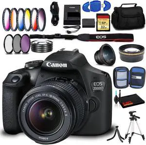 Canon EOS 2000D DSLR with EF-S 18-55mm f/3.5-5.6 IS II Lens (Intl Model) with Memory Kit, Case, Tripods and Filters