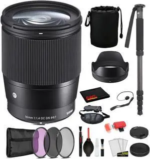 Sigma 16mm f/1.4 DC DN Contemporary Lens for Sony E Mount with: Pro Series Monopod, 3PC Filter Kit + More