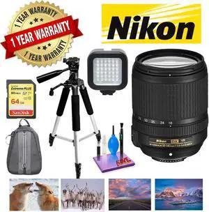 NIKON 18-140MM F/3.5-5.6G ED AF-S DX VR Lens with 1 Year Warranty, Sandisk 64GB Memory, Portable LED Light, and Deluxe P