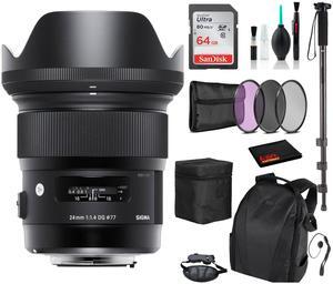 Sigma 24mm f/1.4 DG HSM Art Lens for Nikon F with Advance Bundle: Backpack + Sandisk 64gb SD+ More