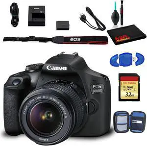 Canon EOS 2000D DSLR Camera with EF-S 18-55mm f/3.5-5.6 IS II Lens (Intl Model) with Cleaning Kit and 32GB Memory Kit