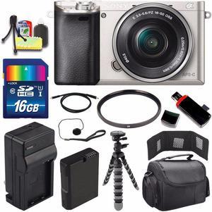 Sony Alpha a6000 Mirrorless Digital Camera with 16-50mm Lens (Silver) + Battery + Charger + 16GB Bundle 1 - Internationa