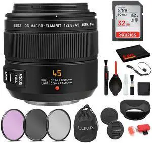 Panasonic Leica DG Macro-Elmarit 45mm f/2.8 ASPH. MEGA O.I.S. Lens with: Sandisk 32GB SD Card, 3PC Filter Kit + More