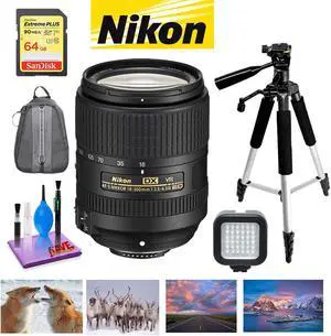 NIKON 18-300MM F/3.5-6.3G ED AF-S DX VR Lens with Sandisk 64GB Memory, Portable LED Light, and Deluxe Padded Backpack Bundle