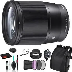 Sigma 16mm f/1.4 DC DN Contemporary Lens for Micro Four Thirds with Essential Bundle: Backpack + 3PC Filter + More