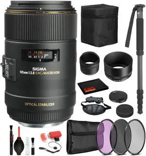 Sigma 105mm f/2.8 EX DG OS HSM Macro Lens for Nikon F with Bundle Includes: Pro Series Monopod, 3PC Filter Kit + More