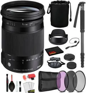 Sigma 18-300mm f/3.5-6.3 DC Macro OS HSM Contemporary Lens for Nikon F with Bundle: Monopod, 3PC Filter Kit + More