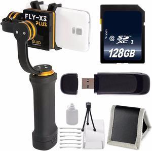 ikan FLY-X3-Plus 3-Axis Smartphone Gimbal Stabilizer with GoPro Mount + 128GB SDXC Class 10 Memory Card + Deluxe Starter