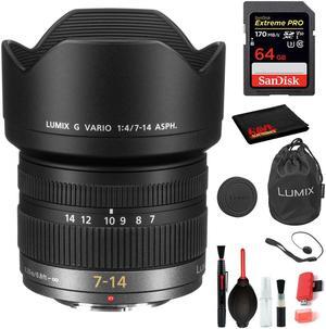 Panasonic Lumix G Vario 7-14mm f/4 ASPH. Lens with Bundle Kit Includes: Sandisk Extreme Pro 64GB SD Card + More