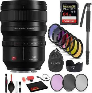 Panasonic Lumix S PRO 50mm f/1.4 Lens with Bundle: Sandisk Extreme Pro 64GB SD Card, 9PC Filter Kit + More