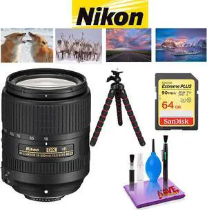 NIKON 18-300MM F/3.5-6.3G ED AF-S DX VR Lens with Sandisk 64 GB Memory Card, Deluxe Backpack for Camera + Video and 12 i