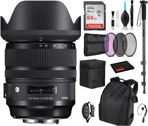 Sigma 24-70mm f/2.8 DG OS HSM Art Lens for Nikon F with Advance Bundle: Backpack + Sandisk 64gb SD+ More