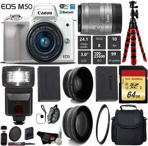 Canon EOS M50 Mirrorless Digital Camera (White) with 15-45mm Lens + Flash + UV FLD CPL Filter Kit + Wide Angle & Telephoto Lens + Camera Case + Tripod + Card Reader - International Version
