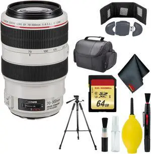 Canon EF 70-300mm f/4-5.6L IS USM Lens - Cleaning Kit - Memory Card Wallet & Reader - 64GB - CASE - 72" Tripod