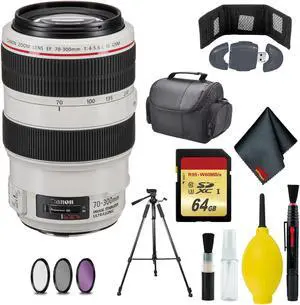Canon EF 70-300mm f/4-5.6L IS USM Lens - Memory Card Wallet & Reader - 64GB - CASE - 72" Tripod - 67mm Professional 3 Piece Filter Kit