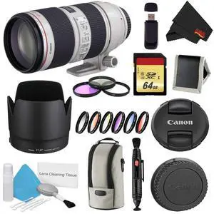 Canon EF 70-200mm f/2.8L is II USM Lens Bundle w/ 64GB Memory Card + Accessories, 3 Piece Filter Kit Color Multicoated 6