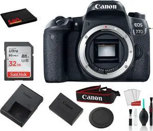 Canon EOS 77D DSLR Camera (Body Only)  Accessory Bundle SanDisk 32gb SD + Deluxe DSLR Cleaning Kit + MORE (1892C001)
