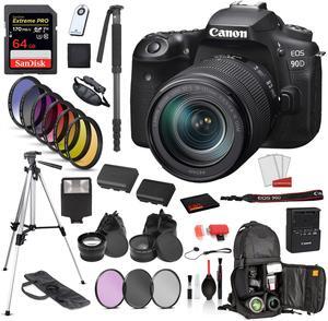 Canon EOS 90D DSLR Camera with 18-135mm Lens  Bundle: SanDisk Extreme Pro 64gb SD + Battery for LPE6 + MORE