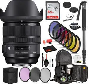 Sigma 24-70mm f/2.8 DG OS HSM Art Lens for Nikon F with Bundle Includes: Sandisk 64gb SD Card, 9PC Filter Kit + More